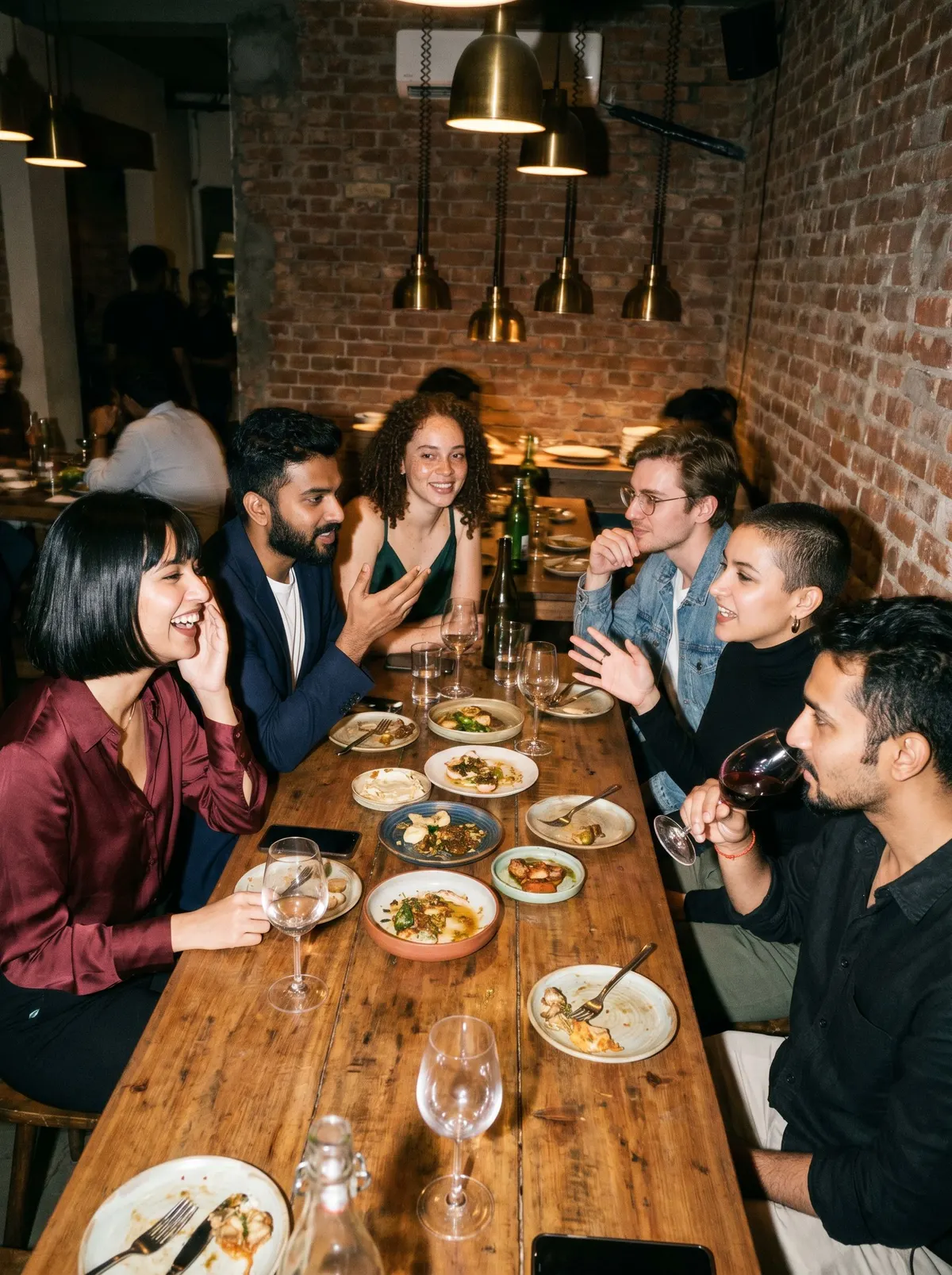 A long chef's-table dinner at a dim supper club