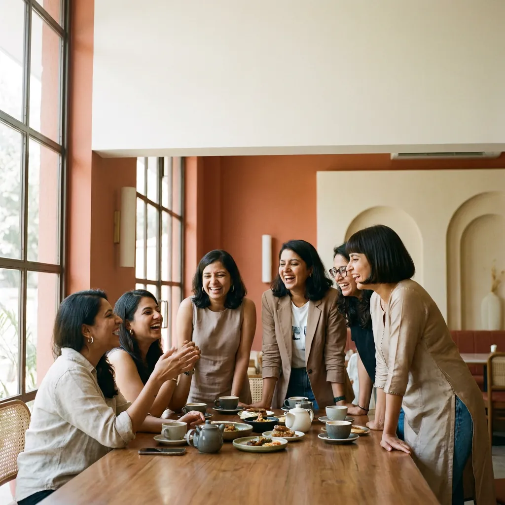 Women laughing round a table of coffee and plates in a terracotta-walled cafe