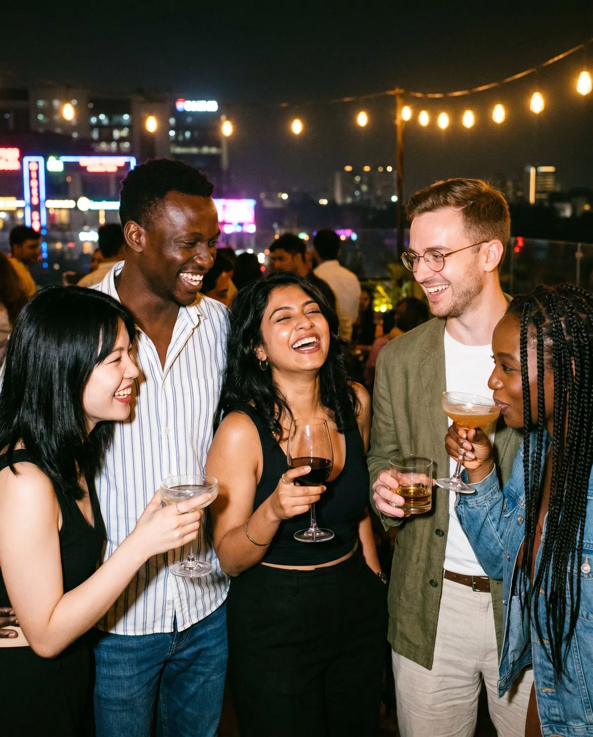 Friends mid-laugh at a rooftop